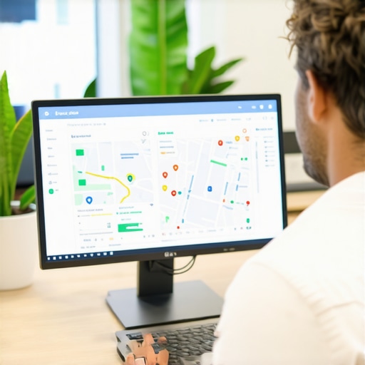 Analyzing Fremont Map Rankings Business owner analyzing Google Maps analytics with Fremont storefront in background