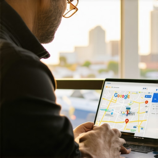 Fremont Local Business Owner Optimizing Google Maps 2024 Fremont business owner working on Google Maps optimization with cityscape background.