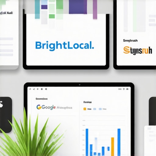 Screens displaying BrightLocal, SEMrush, and Google Analytics dashboards for local SEO management.