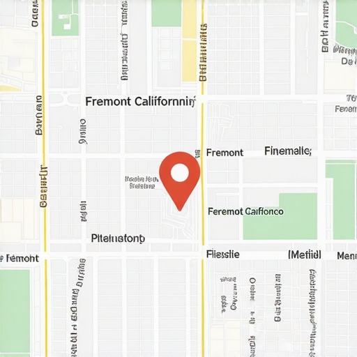 Digital map showcasing Fremont, California with SEO-focused icons and annotations.