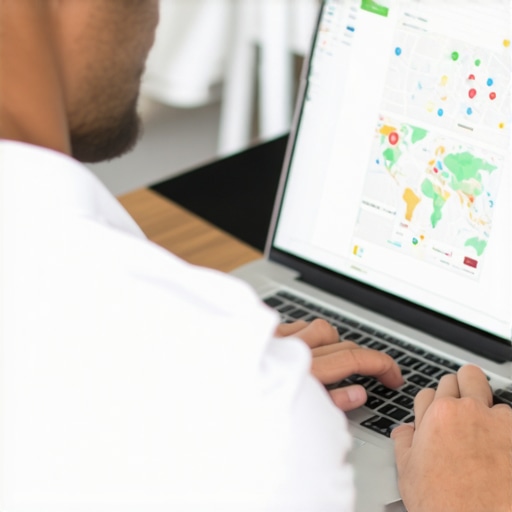 Person analyzing local SEO metrics on a laptop with maps and citation data