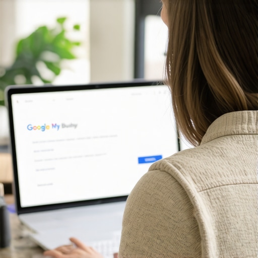 Business owner editing GMB listing on laptop.