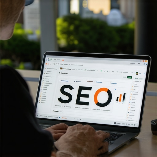 Person reviewing Fremont SEO analytics on laptop with city landmarks in background.