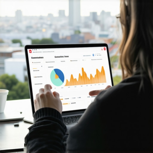 Person monitoring local SEO performance using online tools with Fremont cityscape