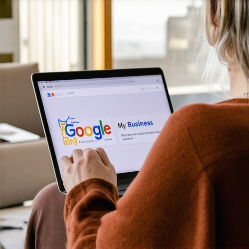 Person editing Google My Business profile on laptop with Fremont landmarks