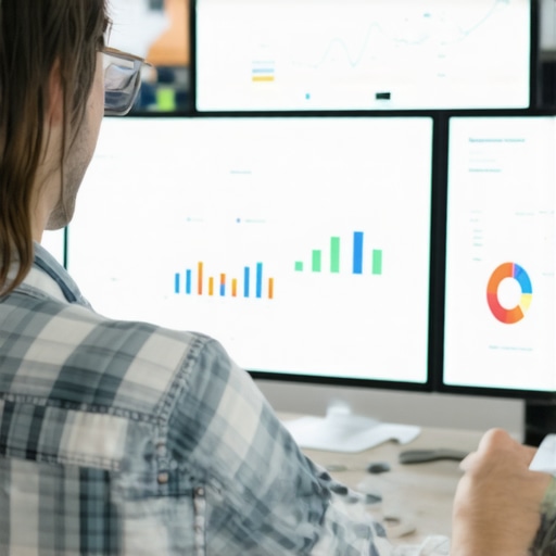 A person analyzing local SEO metrics on multiple monitors, showcasing citation and map ranking data.