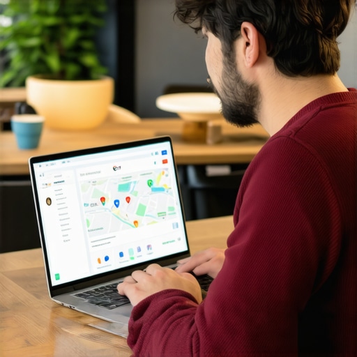 A business owner editing their Fremont Google My Business profile on a laptop, surrounded by local SEO charts