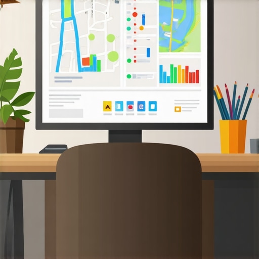 A workspace showing SEO ranking charts, local maps, and analytics on a computer monitor