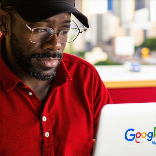 Business owner updating Google My Business profile with Fremont cityscape