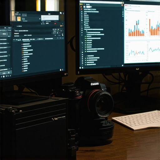Workstation with SEO analytics dashboards, camera, and editing tools for local business profiles.