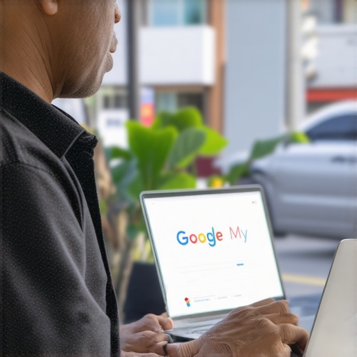 Business owner editing GMB profile on laptop with Fremont cityscape in background